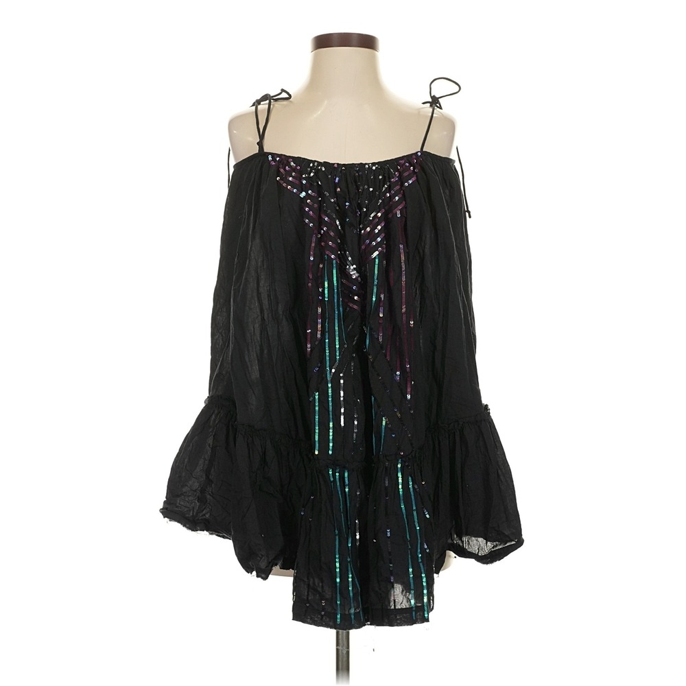 Intimately Free People Black Sequin Ruffle Babydoll Tunic Top Tie Strap Boho
